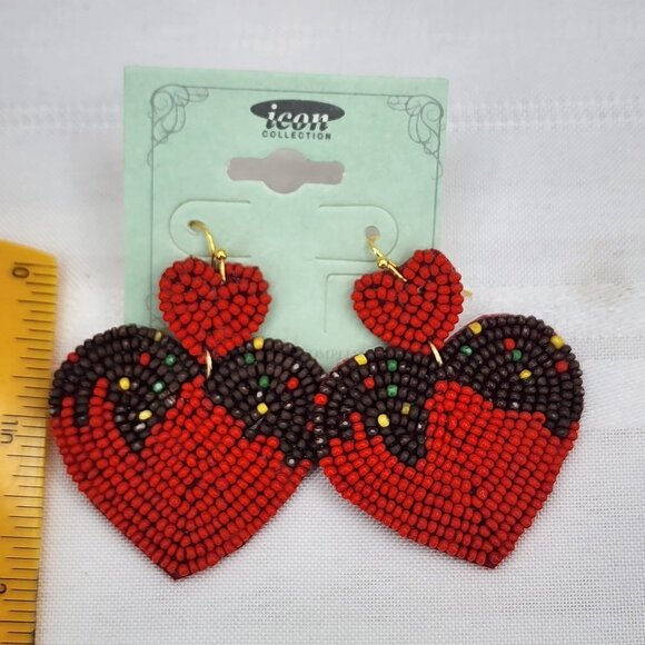 ICON Red Heart Valentine Shaped Seed Bead Statement Earrings NWT - Picture 2 of 5